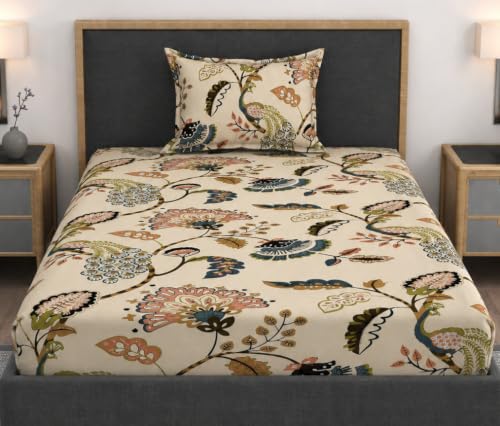 Image of Vram Premium Heavy Cotton Flat Bedsheets with 1 King Size Pillow Covers || Single Bed 350 TC || 60 x 90 Inch Single Size Flat || :- Jaipuri Peacock