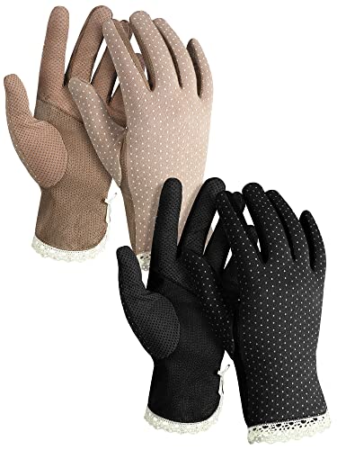 Geyoga 2 Paar UV Schutz Handschuhe Sommer Frauen Driving-Handschuhe rutschfeste Handschuhe für Autofahren Atmungsaktiv Sonnenschutz Handschuhe Dünn Spitze Baumwollhandschuhe Damen(Kaffee,Schwarz)