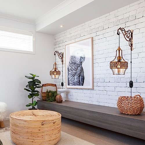 Image of Boho Plug in Wall Sconces Set of Two,Dimmable Vintage Wall Hanging Lights with Plug in Cord with Gold Metal Arm,Wall Mount Hanging Lamp for Bedroom Living Room
