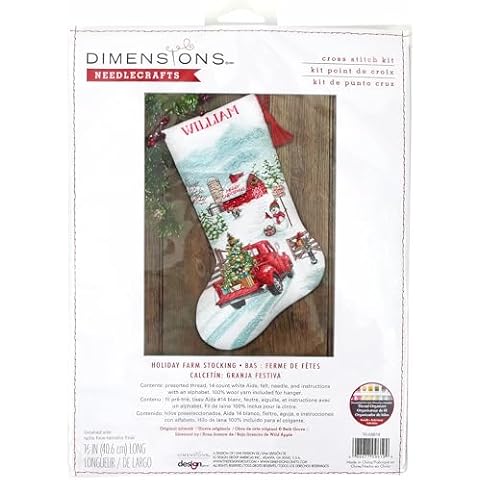 Dimensions 70-09619 Holiday Farm Stocking Counted Cross Stitch Kit, 16" Long, 14 Cnt. White Aida, 6 Pieces Cover