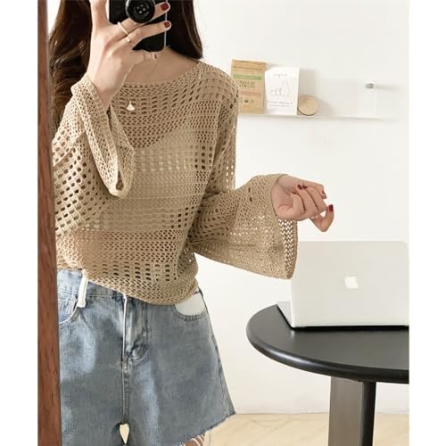 Image of CRAMPLEWomen Short Openwork Sunscreen Knitted Pullover Women Summer Seaside Resort Loose Design Sense Long-Sleeve Sweater Top