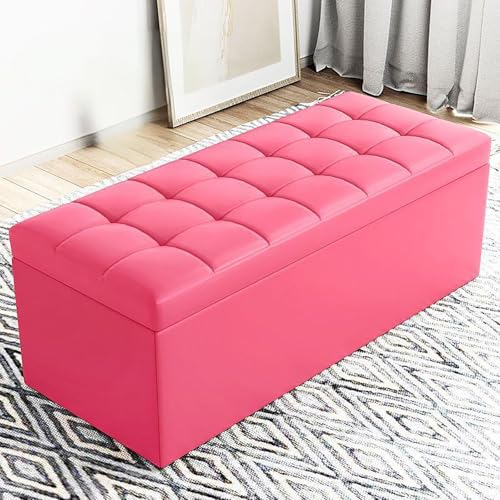 Banco otomano rectangular de almacenamiento con puertas, cojín de asiento de cuero y taburete cambiador de 15.7 pulgadas, otomana para dormitorio, sala de estar, oficina (rosa)