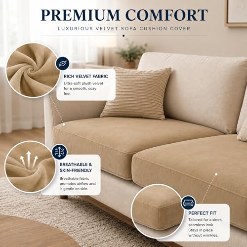 Image of Namdev Art's Velvet Sofa Cushion 21x22x5 Inch | High Density 32 Foam Seat Cushion | Soft & Comfortable Sofa Gaddi with Zip Cover | Multipurpose Cushion for Sofa Chair (Camel)