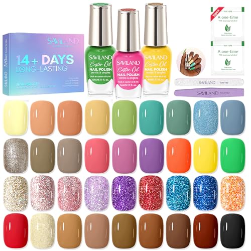Image of SAVILAND 36 Colors Nail Polish Set Quick Dry: Brown Black Glitter Locked X Tech Regular Pastel Nail Polish Kit Fingernail Polish with Top Base Polish Coat 39 Pcs Home Salon Travel Set