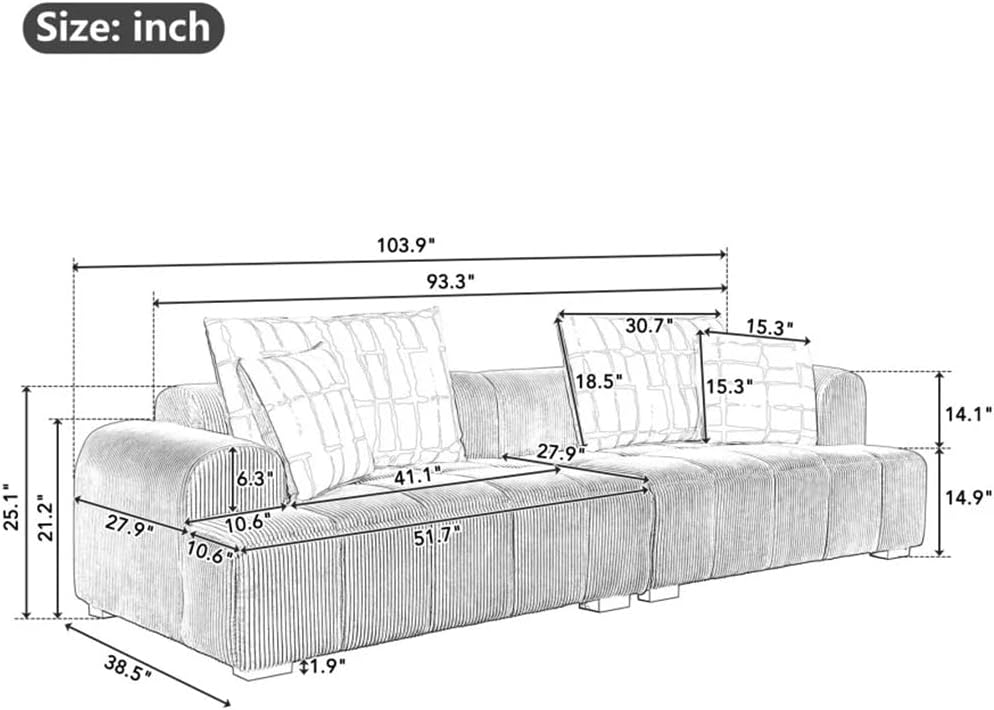 103.9" Corduroy Sofa,Comfy with Rubber Wood Legs and 4 Pillows, for Living Room,Bedroom,Office,Beige(D)