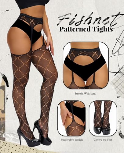 Image of Sesiwadbe Womens Fishnet Patterned Tights High Waist Suspenders Pantyhose Thigh High Stockings