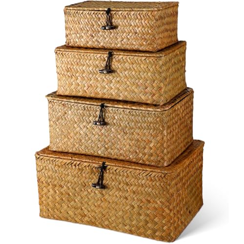 4 Stück Aufbewahrungskorb mit Deckel, Korb Geflochten mit Deckel,...