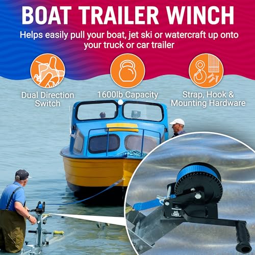 Image of Boat Trailer Winch with Strap and Hook, Manual Hand Crank Winch, Heavy Duty | 1600lbs 1 Speed Ratchet Gear, Pulling Boat Parts, Trailers, Car, Truck Towing