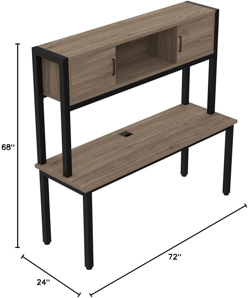 NBF 72” Credenza Desk w/Hutch – Industrial Office Desk with Open, Concealed Storage, Cable Management Grommet - Laminate Cortez Workstation for Home Office Use, 72" W x 24" D, Natural