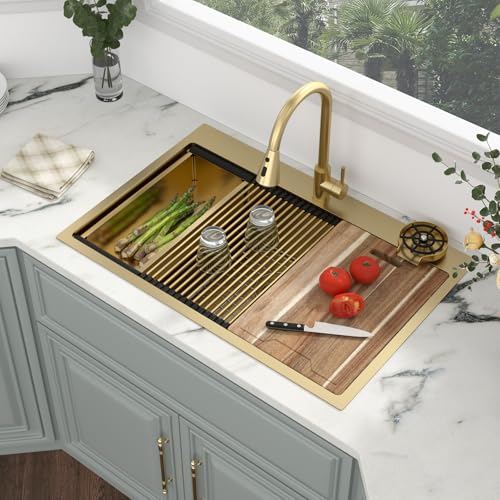 Image of 33 Gold Drop In Kitchen Sink - Kichae 33x22 Gold Brushed Stainless Steel Drop Sink 16 Gauge Ledge Workstation Single Bowl Topmount Overmount Handmade Basin with Faucet & Glass Rinser