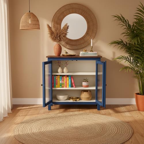 Image of APRODZ 2 Door Cabinet with Wicker Front 2 Shelves | Mango Wood Storage Organizer | Rustic Durable Stylish Wooden Furniture | Compact Design Home Decor (Blue & Off White)