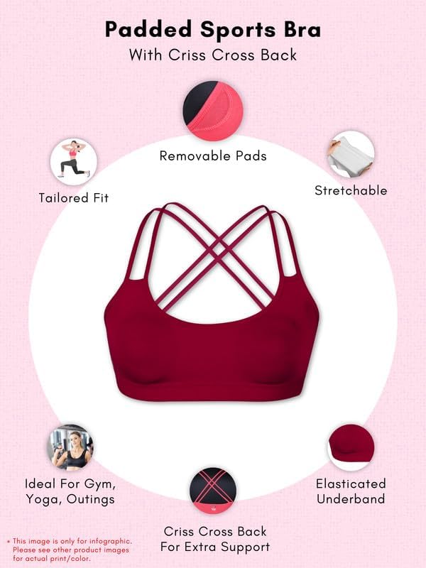 Image of DChica Essentials Padded Sports Bra for Women, High Impact Criss Cross, Removable Pads & Non Wired Bralette, Full Coverage Elasticated Underband, Daily Use Gym & Yoga