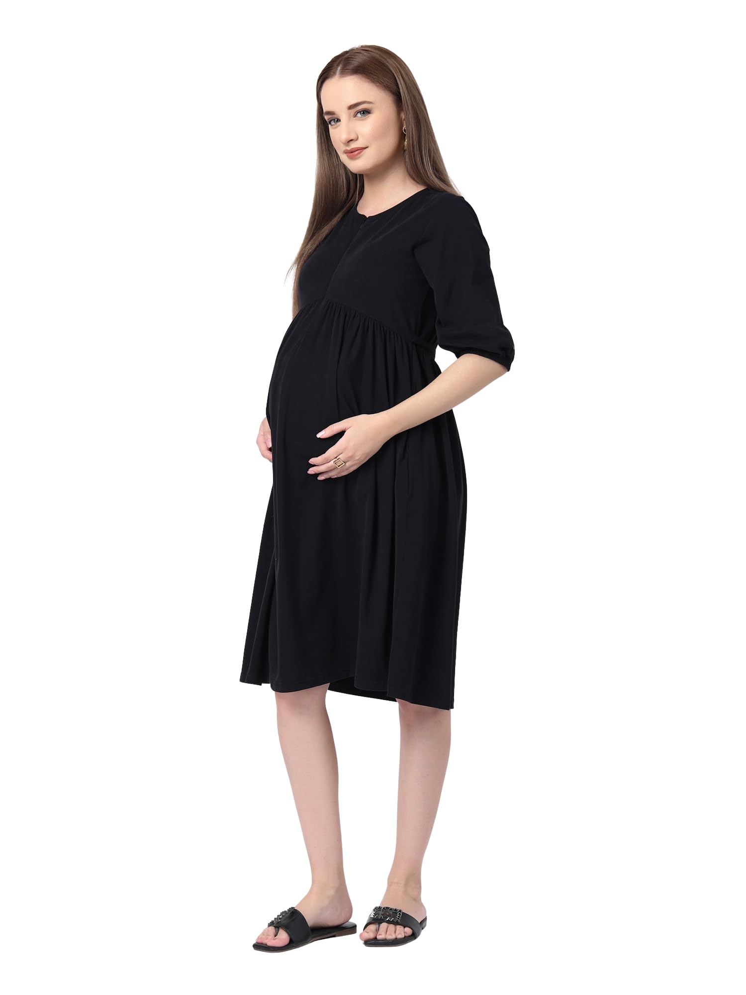 Cotton Stretch Maternity & Nursing Dress | Knee-Length Feeding Dress with Concealed Zips & Side Pocket | Pregnancy & Postpartum Friendly-image-44