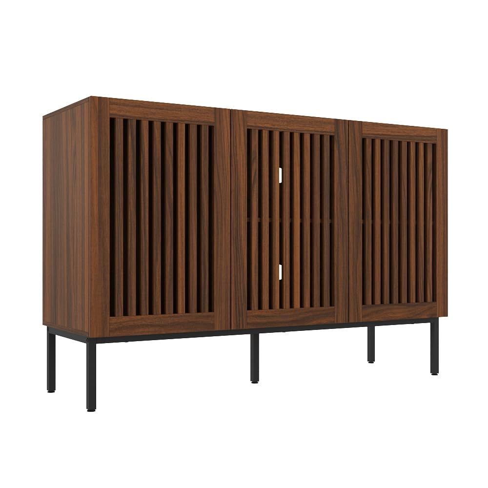 Credenza da buffet in legno di noce, con 3 ante a doghe e ripiani adiubili, moderna in legno, per soggiorno e sala da pranzo, 39 x 120 x 80 cm
