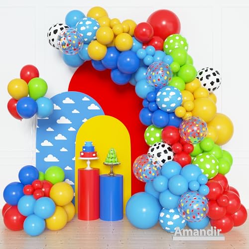 Image of Amandir 153Pcs Blue Red Yellow Balloon Arch Garland Kit Different Sizes | 18 12 10 5 Cow Cloud Pattern Green Confetti Latex Balloons For Cartoon Theme Birthday Shower Decorations
