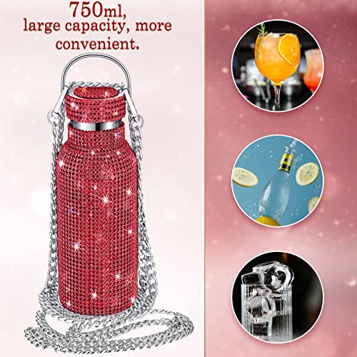Diamond Water Bottle Bling Rhinestone Stainless Steel Thermal Bottle Refillable Water Bottle Insulated Water Bottle Glitter Water Bottle With Chain For Women Girls Gifts (Red, 750 Ml) #TOP3