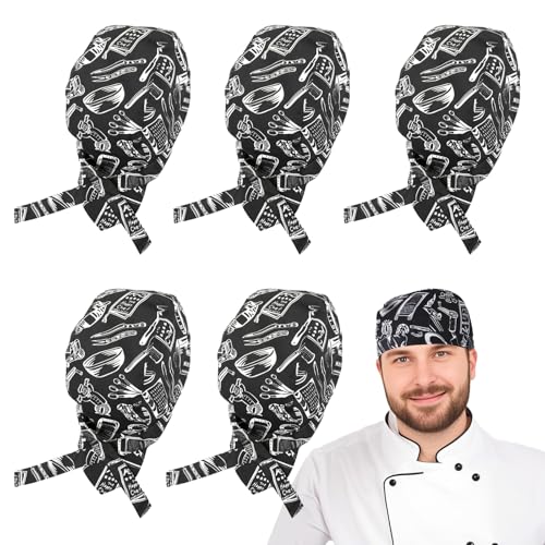 Osuter 5PCS Sombrero de Cocinero Ajustable Japonés Gorro de Trabajo de Cocina Chef Hat Gorro de Cocinero Unisex Gorro de Chef para Mujer Hombre (Estampado)