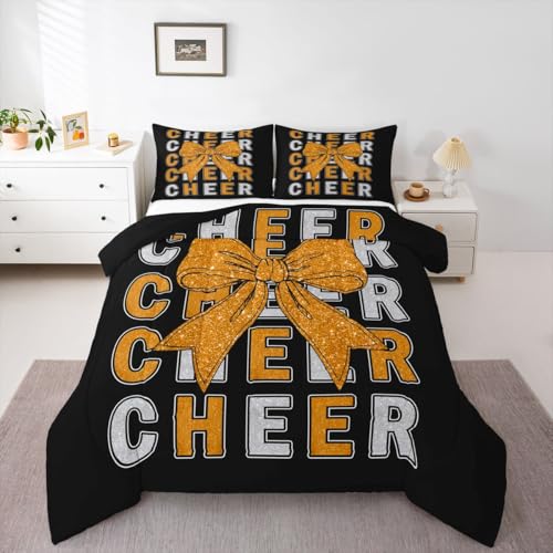 Image of Feelyou Bowknot Cheer Kids Comforter Set Full Size Cheerleading Bedding Set Glitter Cheerleader Duvet Quilt for Kids Boys Girls Bedroom Cheer Bow Decor Microfiber Ultra Soft Breathable
