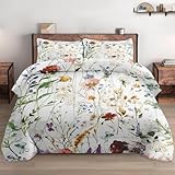 WeCozy Queen Size Comforter Set with 2 Pillowcases, Wildflower Flower Floral 3 Pcs Bedding for Kids and Adults, Boho Watercolor Butterfly Soft Comforter Set for Bedroom Bed Decor