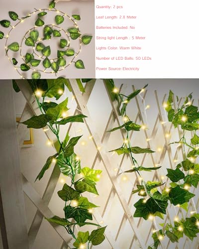 Image of Homesake Battery Operated Home Decor Money Plant Leaf Garland Wreath Vine, Ramadan Decorations for Home, ramzan Festive Decor, Diwali Lights for Decoration Home 50 LED - Set of 2(Plastic, Green)