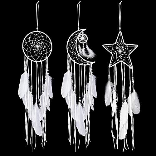Jetec 3 Pieces Dream Catcher Moon Sun Handmade Traditional Design White for Wall Hanging Home Decoration(White)