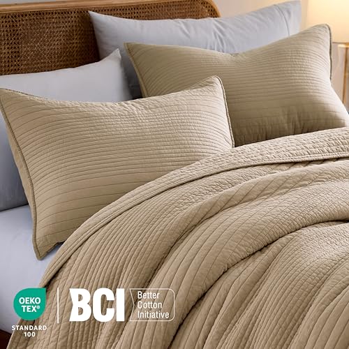 Image of palassio Striped Dark Beige 100% Cotton Quilt Queen Size Bedding Sets, Lightweight Crinkly Channel Pick Stitch Textured Bedspread Soft Shabby Chic Farmhouse Country Coverlet for All Season, 2 Shams