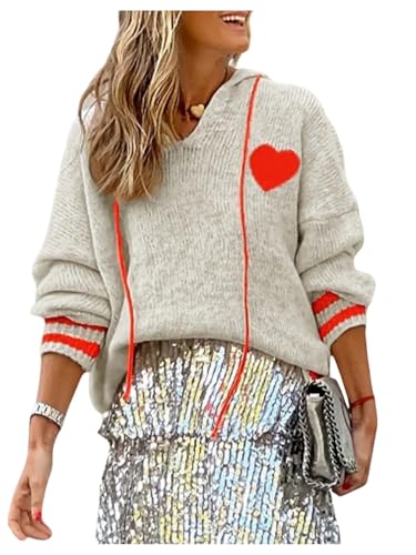 GORGLITTER Women's Oversized Hooded Sweater Striped Heart Loose Chunky Sweaters 2025 Fall Trendy