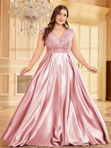 Image of Plus Size Satin Mother of the Bride Formal Gown for Wedding Sleeveless V-Neck Evening Dress