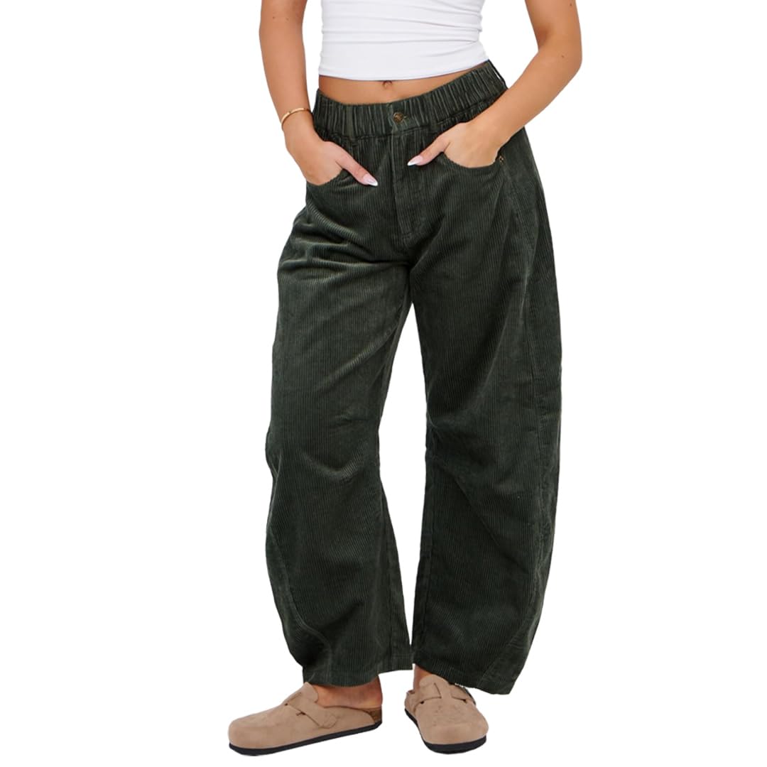 Womens Corduroy Barrel Pants Elastic Waist Cropped Casual Baggy Trousers with Pockets