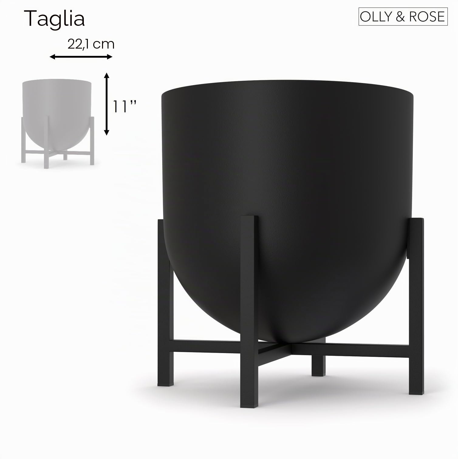 Fioriera con supporto, in metallo, per interni, grande, 22 cm (nero)