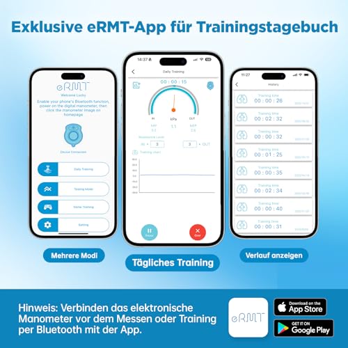 Lungentrainer mit APP, Atemtrainer für Lunge mit elektrischem Manometer & Testmundstück & Reiseetui | Lungen-Trainingsgerät für bessere Lunge | 6 Widerstandsstufen | Mobile Trainings-App inklusive