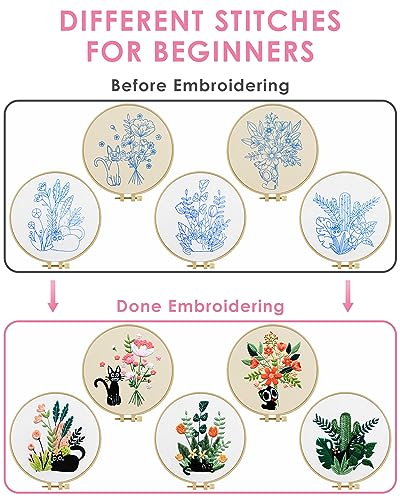 Image of TINDTOP Embroidery Kit for Adults, Embroidery Kit for Beginners Include Embroidery Cloth Hoops Threads for Craft Lover Hand Stitch with Embroidery Skill Techniques (Black Cat) | with Stamped Patterns, Hoop, Tools, Colorful Threads with Needles, Instructions
