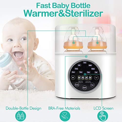 Bottle Warmer, CREPOW Fast Baby Bottle Warmer and Sterilizer Double Bottle 6-in-1 Fast Food Heater Defrost Warmer for Baby Milk Breastmilk Formula with LED Display Thermostat Timer Function