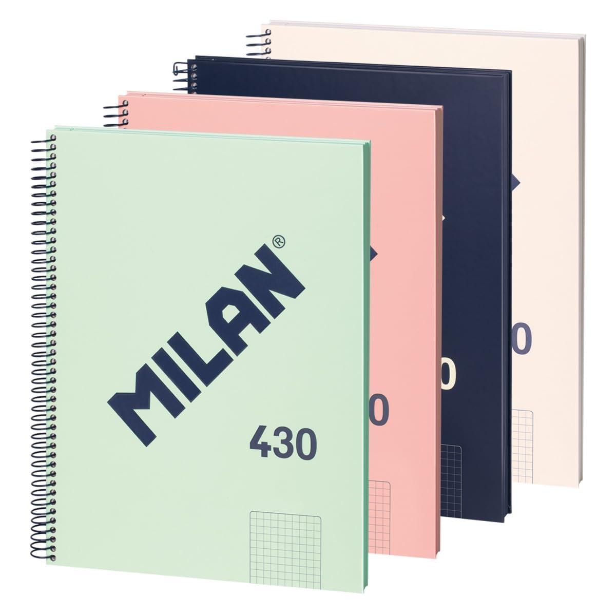 MILAN® Pack 4 cuadernos A4 con tapa dura, papel cuadriculado (5 x 5 mm), 80 hojas de 95 gr/m², colección goma 430