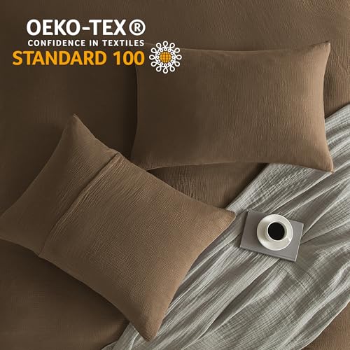 SE SOFTEXLY Muslin Duvet Cover Oversized King Size, 100% Washed Cotton Duvet Cover Set, Soft Comforter Cover Linen Like, 3 Pieces Minimalist Gauze Duvet Cover with 2 Pillowcases, 98"x120", Dark Brown