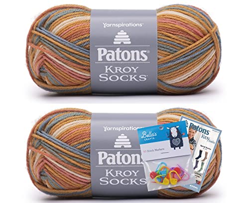 Patons Kroy Socks Yarn 2-Pack Bundle with Bella's Crafts Stitch Markers (Mid Century Stripes)