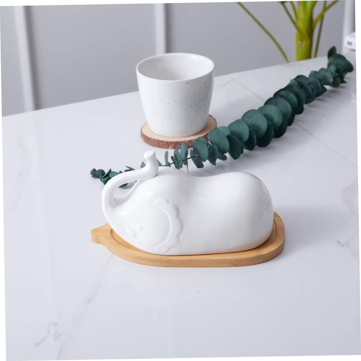 Garneck Elephant Shape Porcelain Butter Dish with Ceramic Lid and Simple Wooden Tray Microwave Safe Butter Plate for Hotel and Home Tableware Dishwasher Friendly Elegant Design for