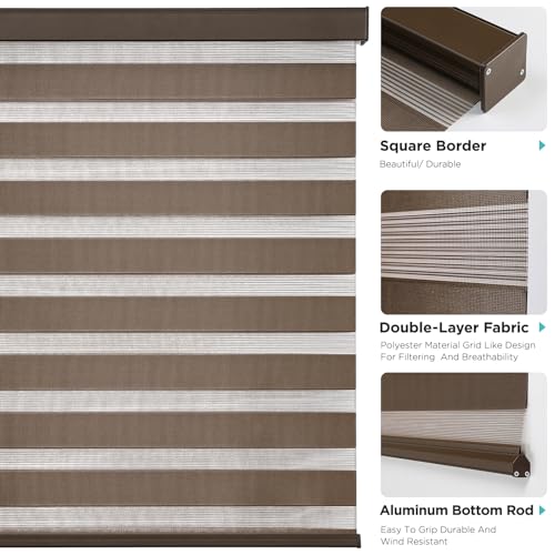 Joydeco Cordless Zebra Blinds for Windows, Dual Layer Light Control Window Blinds with Light-Proof Aluminum Cover, Free-Stop Roller Shades for Home & Office (Coffee,15" W x 48" H)