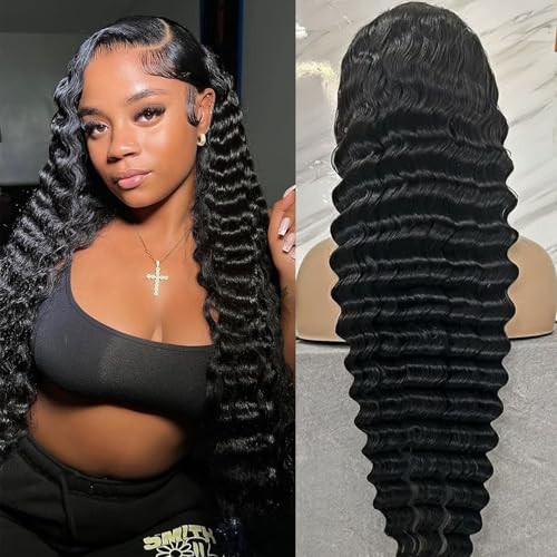ALYOGA Deep Wave Lace Front Wig 13x6 Soft Remy Virgin Human Hair 180% Density HD Lace Frontal Wigs for Black Women Natural Color Pre Plucked Hairline