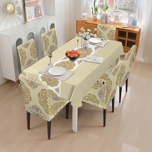 Image of Amazon Basics Dining Table Cover with 6 Chair Covers|Table Cover: 100% Polyester Woven Fabric 140 GSM, 220Cm X 140Cm|Chair Cover: 95% Polyester & 5% Spandex 110 GSM, 50Cm X 40Cm|Beige, Rectangular
