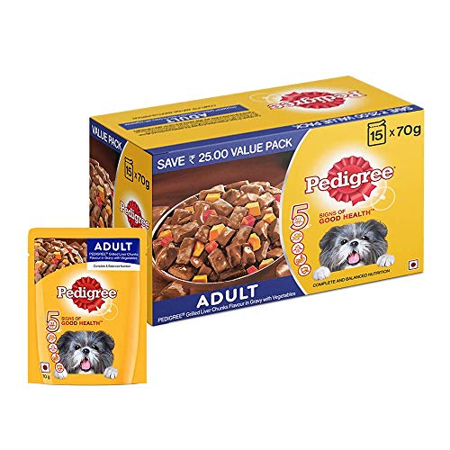 Image of Pedigree PRO Expert Nutrition, Adult Small Breed Dogs (9 Months Onwards) Dry Dog Food, 3kg Pack & Adult Wet Dog Food, Grilled Liver Chunks Flavour in Gravy with Vegetables, 15 Pouches (15 X 70 g)