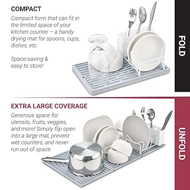 BTH Trifold Silicone Mat Dish Rack Set for Kitchen ¨C 24 Extra Large Multifunctional Mat Dish Drying Rack Set of 4 with 1 Foldable Silicone Dish Mat, 2 Metal Dish Racks & 1 Removable Cutlery Holder