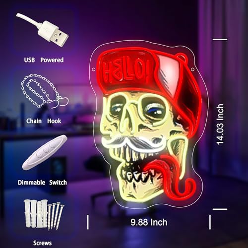 Image of Skull Wearing Hello Hat LED Neon Sign USB Powered for Wall Decor, Horror Skull Tongue Neon Night Light Sign Dimmable for Boys Room Party Decor Halloween Birthday Gifts