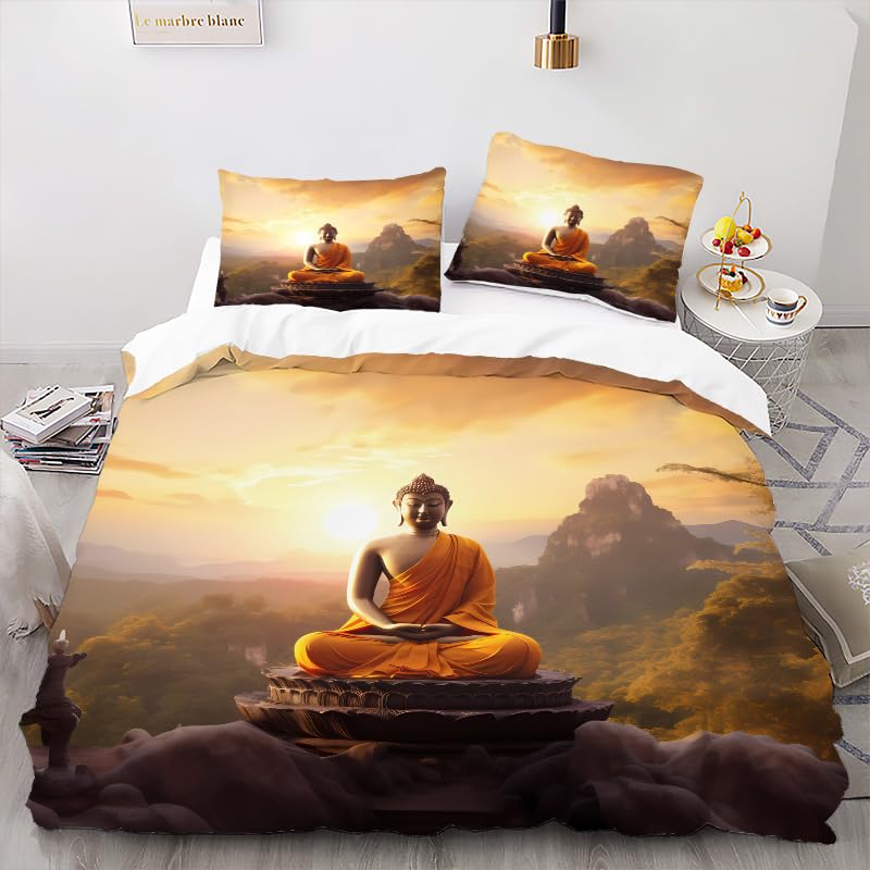 Housse de Couette 240x260 cm Bouddha Assis sur Un Lotus Parure de Lit Motif 3D Sets De Housse Couette Et 2 Taies d'oreiller 65x65cm，AI Motifs Couvre-lit Doux et...