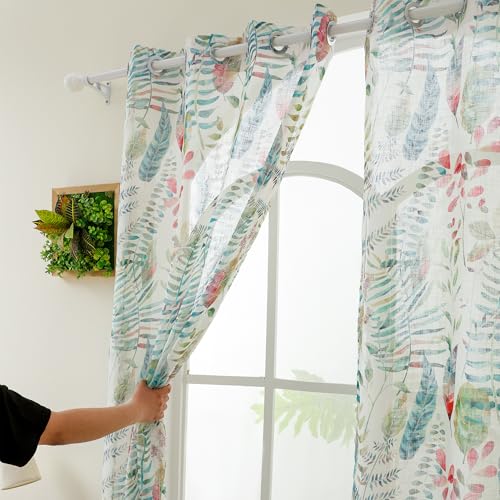 Image of Story@Home Window Curtains 5 Feet Long Set of 1 | Leaf Printed | Semi Transparent Curtain | Net Curtains | Sheer Curtain for Living Room | (118 X 152 Cm, White & Green) | Perfect for Home Decor