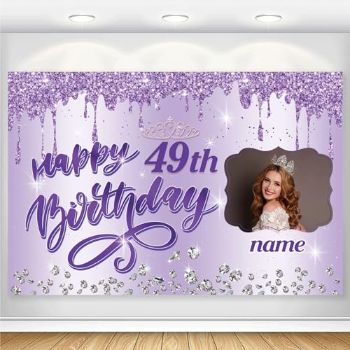 Dicodes Custom Purple 49th Birthday Banner for Women Queen Happy Birthday Backdrop Decoration Personalized with Name and Photo(49th)