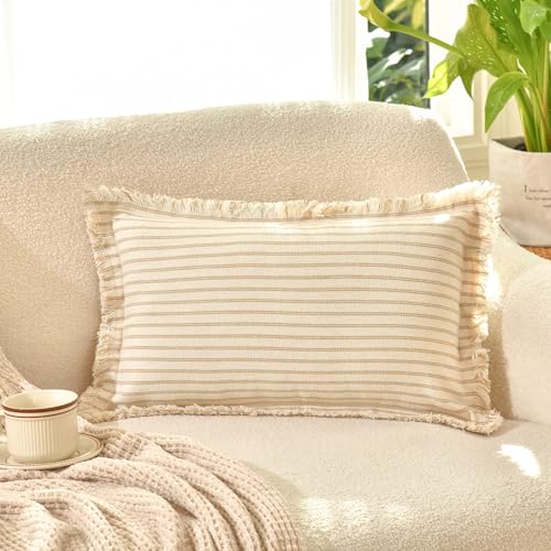 Image of ZWJD Throw Pillow Covers 12x20 Set of 2 Striped Pillow Covers with Fringe Chic Cotton Decorative Pillows Square Cushion Covers for Sofa Couch Bed Living Room Farmhouse Decor, (Khaki)