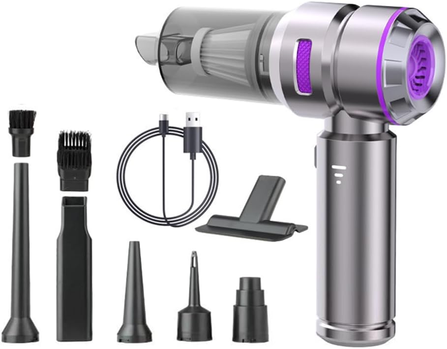 Aspirador de pó portátil sem fio com motor sem escova, aspirador portátil de 15000 pa, soprador de pó e bomba manual, 3 em 1, sucção ajustável em 3 velocidades, para carro, escritório, casas (roxo)