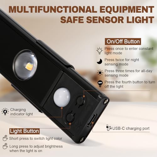Image of LED Gun Safe Lights, Motion Sensor Lights for Directional Lighting, 3 Sensing Modes, 3 Color Temperatures, No Wiring Installation Gun Cabinet Accessories for Safes, Cabinets, USB-C Charging (1 pack)