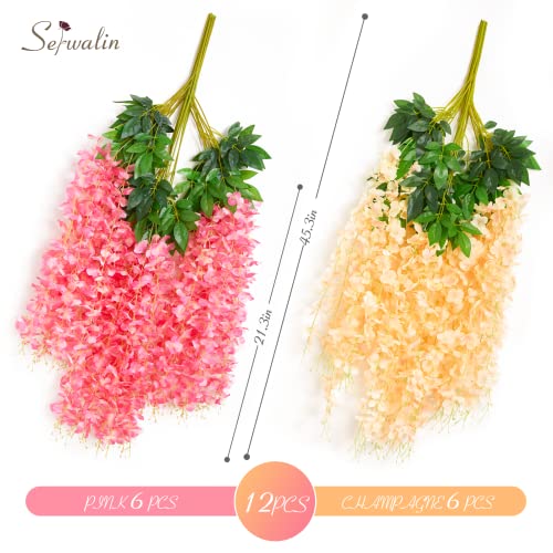 Serwalin Wisteria Hanging Flowers 12 Pack Artificial Flowers 3.75 Feet Fake Wisteria Garland Realistic Silk Wisteria Vine For Wedding Party Garden Wall Decoration, Pink And Champagne #TOP3